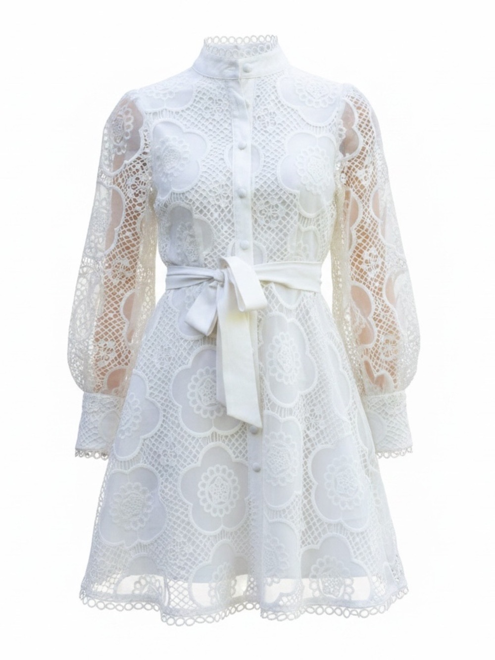Benaar  Floral Lace Puff Sleeve Mock Neck Mini Dress - Cream - Size Small